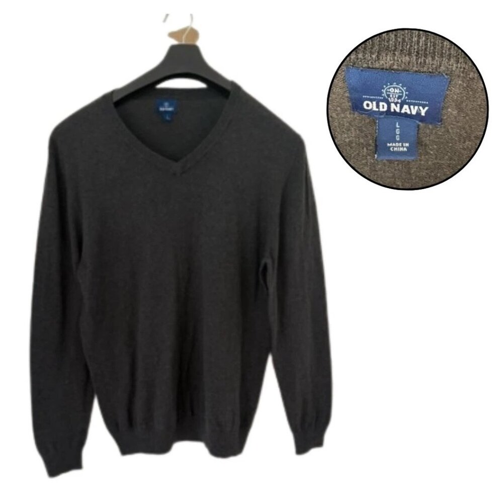 Old Navy Men's V-Neck Sweater Size L Charcoal Gray Long Sleeve Casual